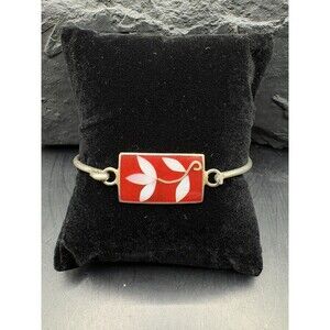 Alpaca mexico silver tone red enamel abalone flower bangle bracelet 7”